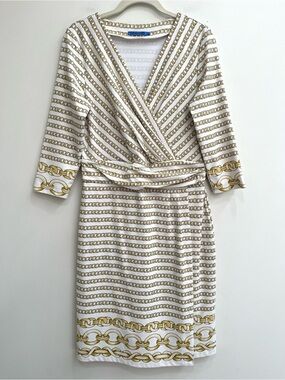 J. McLaughlin Brea faux wrap dress white gold chain pattern Catalina Cloth M